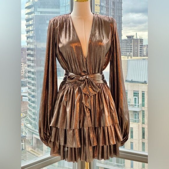 🆕 BRONX & BANCO 🧿 NWOT Bellerose Ruffled Mini Dress, Metallic - Sz M / US 6 - Picture 3 of 15